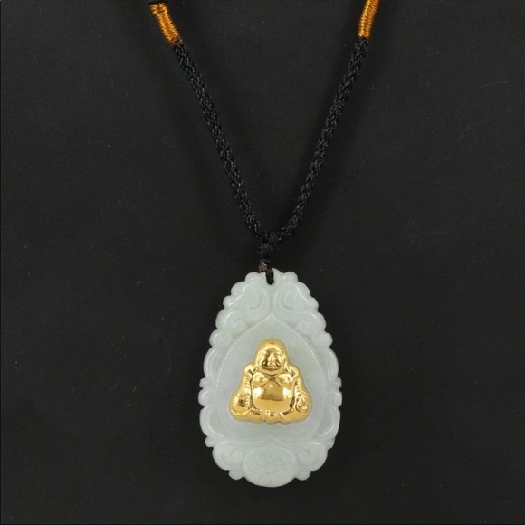 Carved Jadeite and 24k Buddha Pendant Necklace